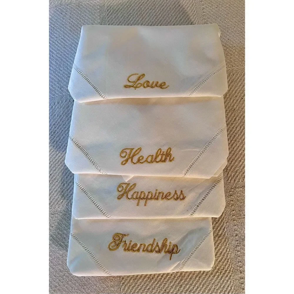 Set of 4 Hemstitched Linen Embroidered Hand Towels/Napkins